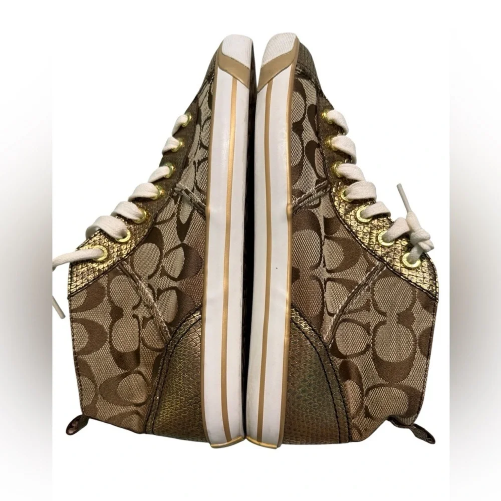 COACH Brown and Gold Indiana Hightop Sneakers Size 8.5 B